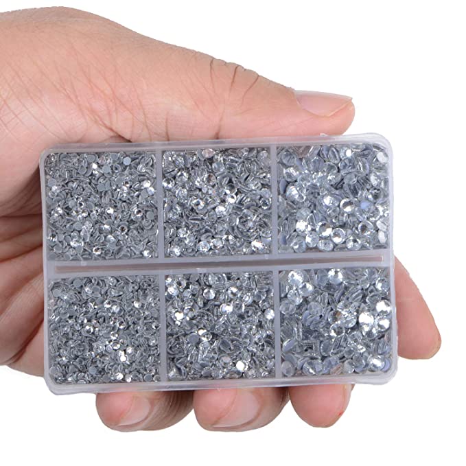 Set de 6400 unidades de diamantes de imitación termoadhesivos transparentes con parte trasera plana, 5 tamaños mixtos, gemas de cristal redondas con pinzas y lápiz para recolección