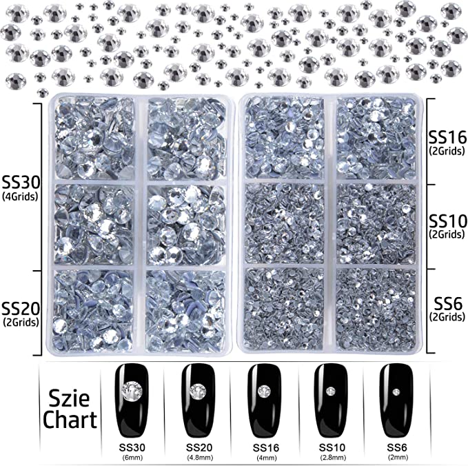 Set de 6400 unidades de diamantes de imitación termoadhesivos transparentes con parte trasera plana, 5 tamaños mixtos, gemas de cristal redondas con pinzas y lápiz para recolección